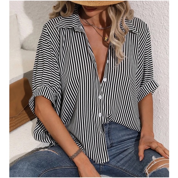 011 Stripes Button Down Boyfriend oversized Shirt - Picture 2 of 10